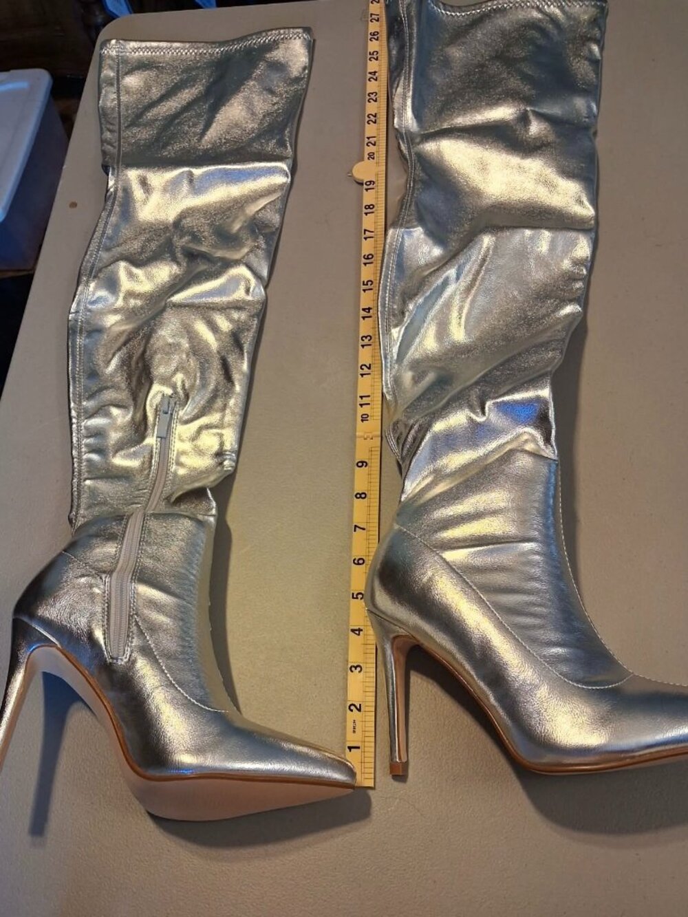 Shoe'N Tale Silver Metallic Thigh High Boots Size 6.5 Stiletto Heel NIB